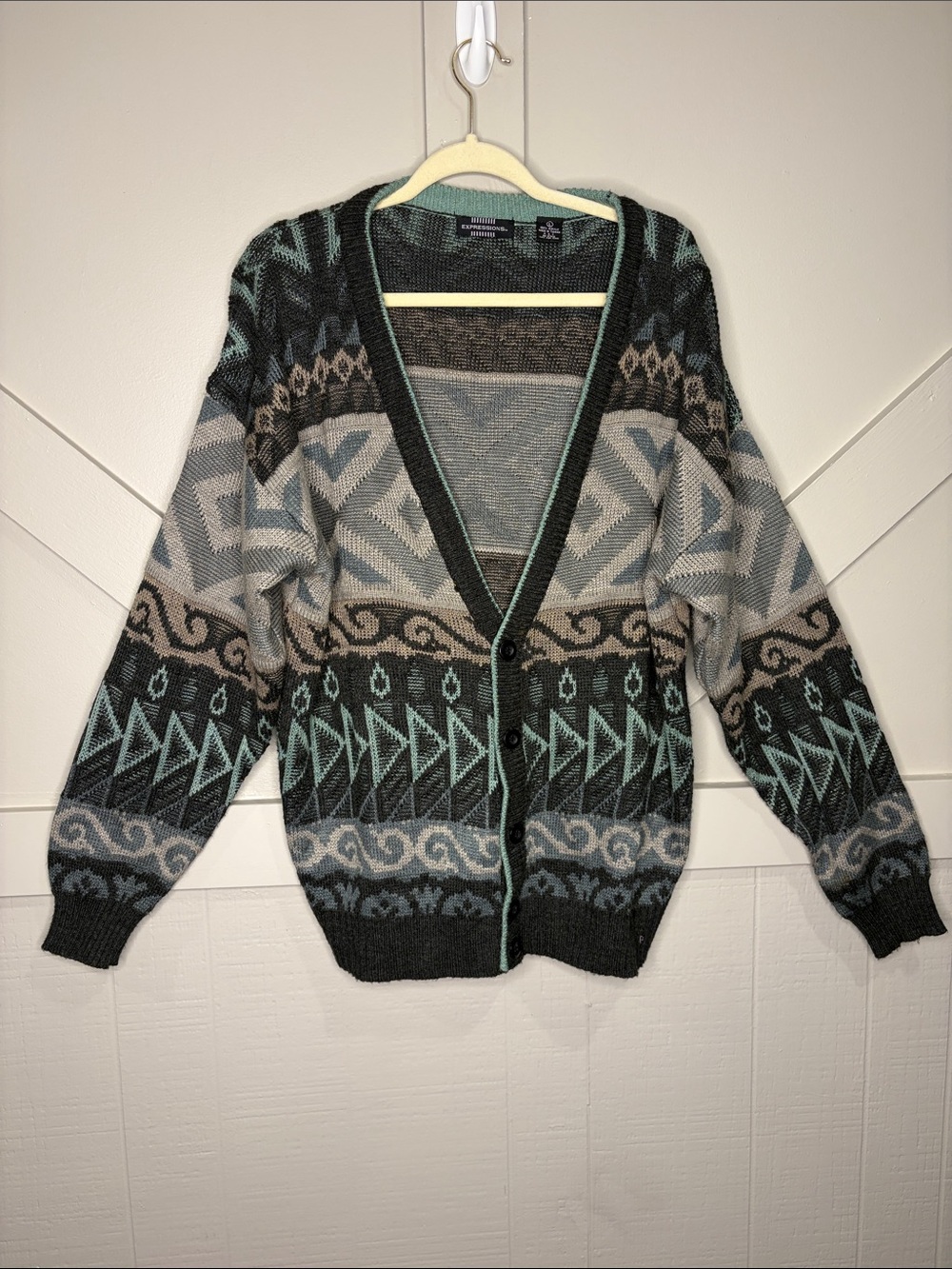 Vintage 80s Geometric Abstract 3D Knit Dad Cardigan Sweater Men Large Streetwear